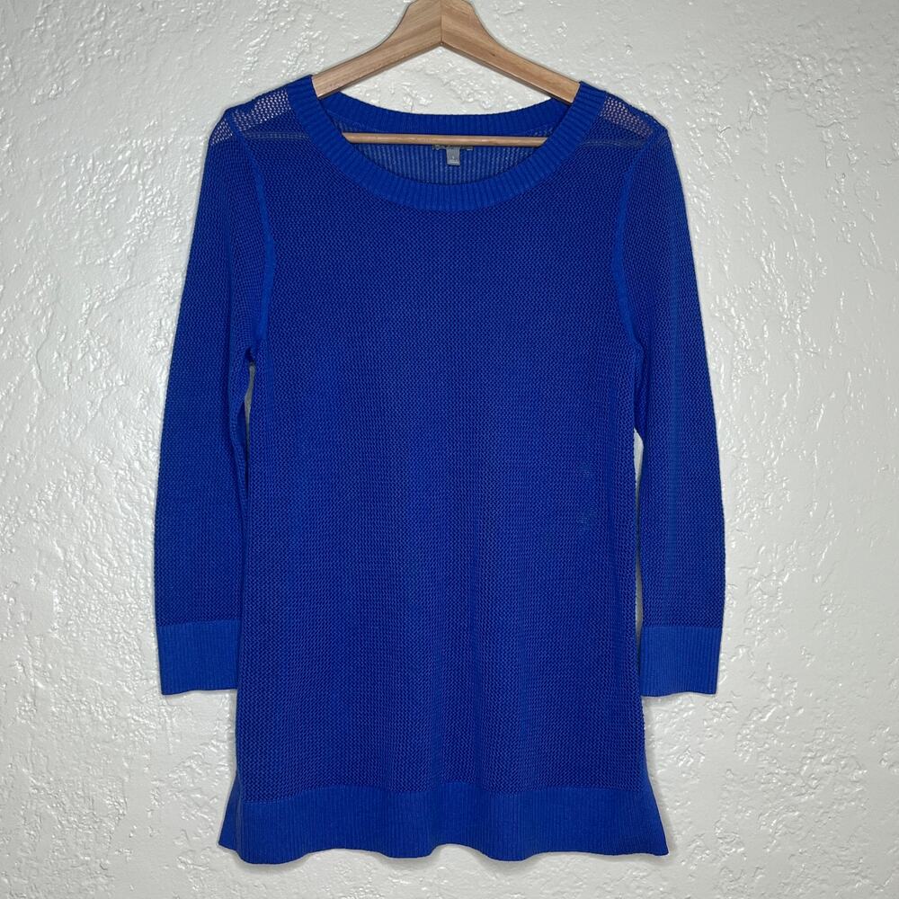 Talbots Women's Blue Mesh Pullover Sweater 3/4 Sleeve Crewneck Size Small